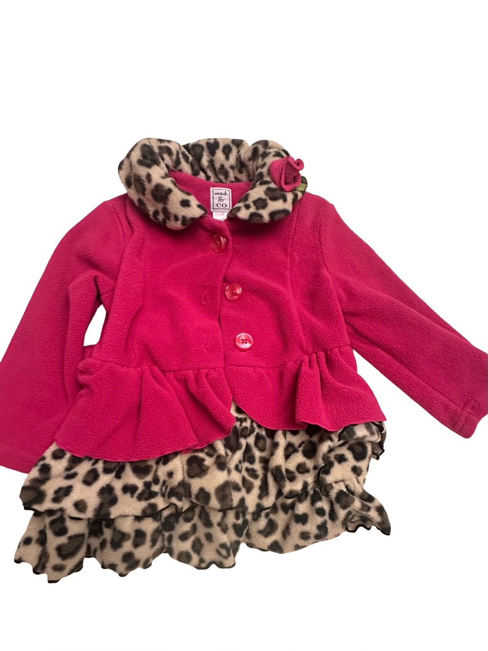 Mak & Co 3T Pink Fleece Peplum Coat with Leopard Ruffle Trim